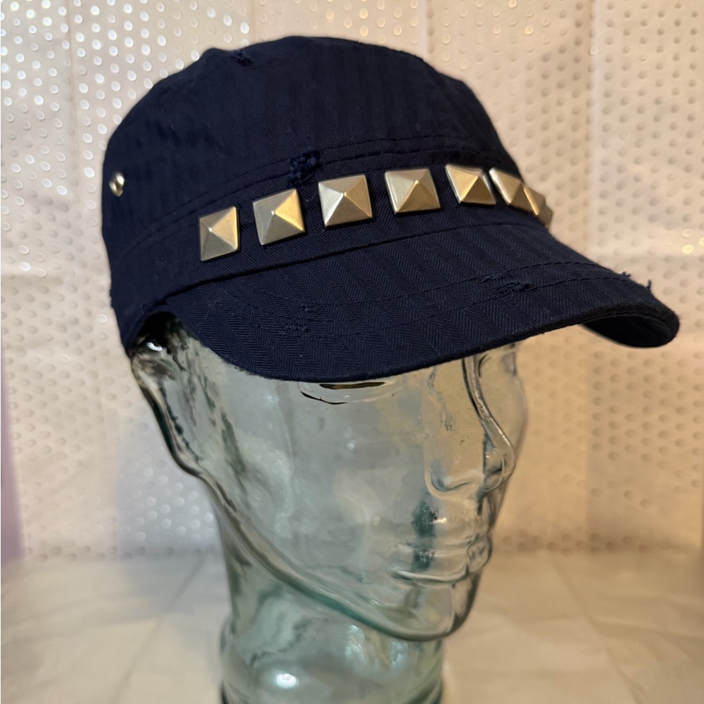 Military Style Cap Hat Pyramid Studs Cotton Navy